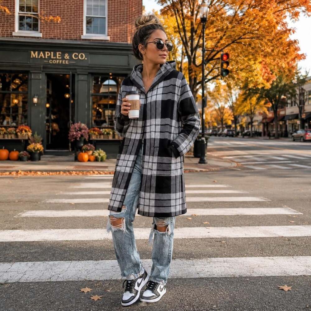 Absolutely Famous Plaid Hooded Cardigan Large
